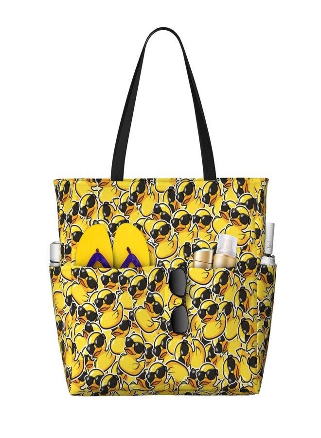 REVENEVER Beach Tote Bag for Women Foldable Waterproof and Sandproof Tote Bag with Zipper Cartoon Duck Print Beach Bag Large Travel Bag - Image 1